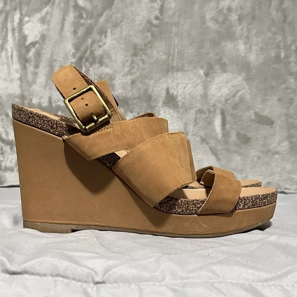 Franco Sarto Fiona Strappy Leather Wedge Sandals Womens Size 8.5M Brown Cork EUC